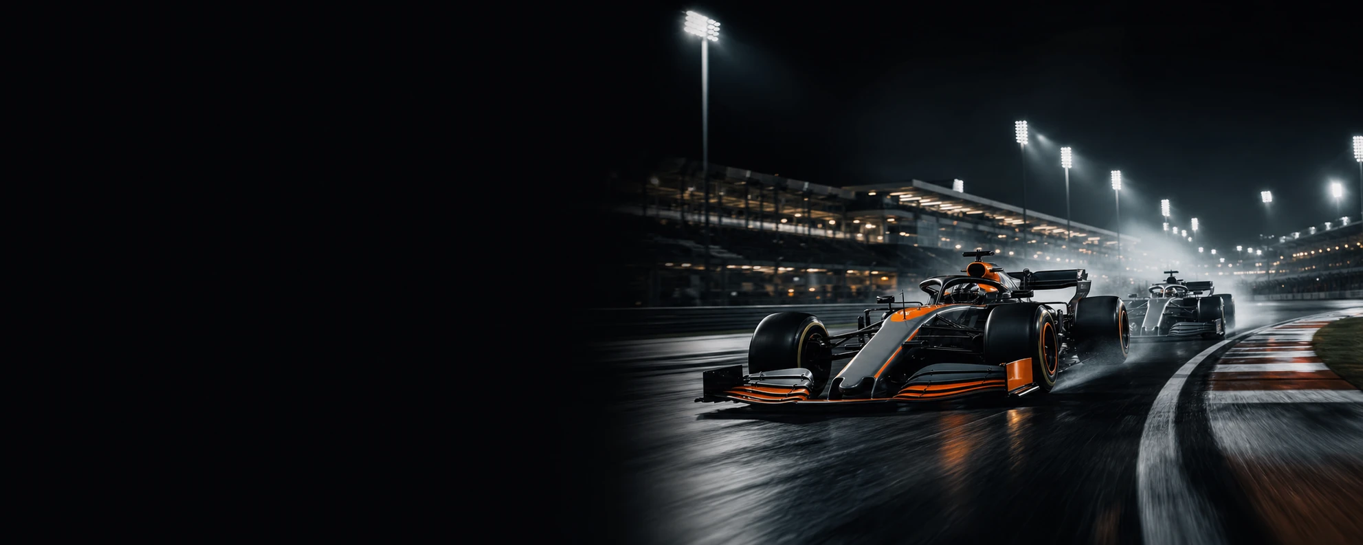 Two fictional grand-prix cars racing through a floodlit corner at night